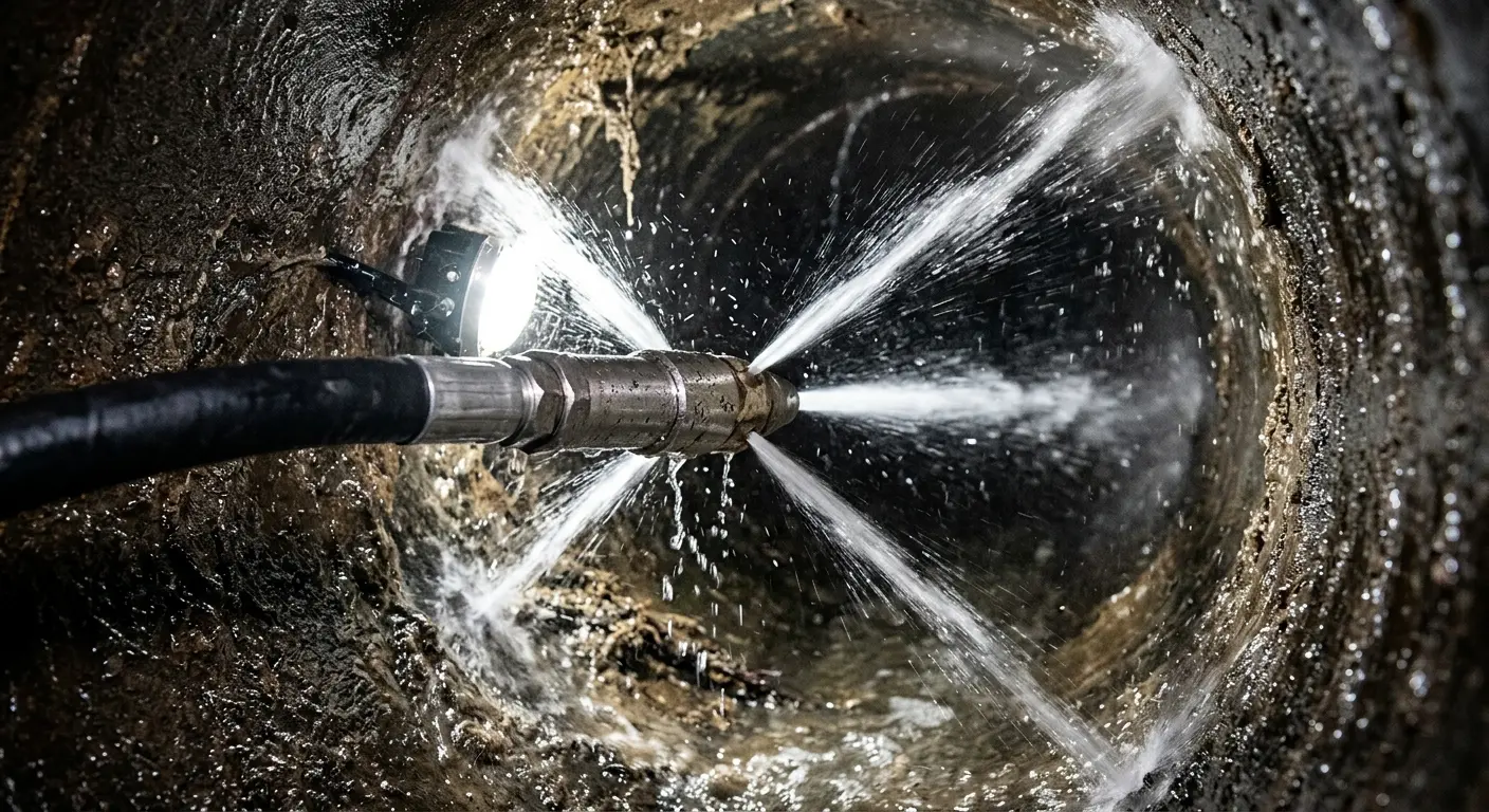 High-pressure hydro jetting nozzle cleaning sewer pipe for Sewer Cleanout in Gautier