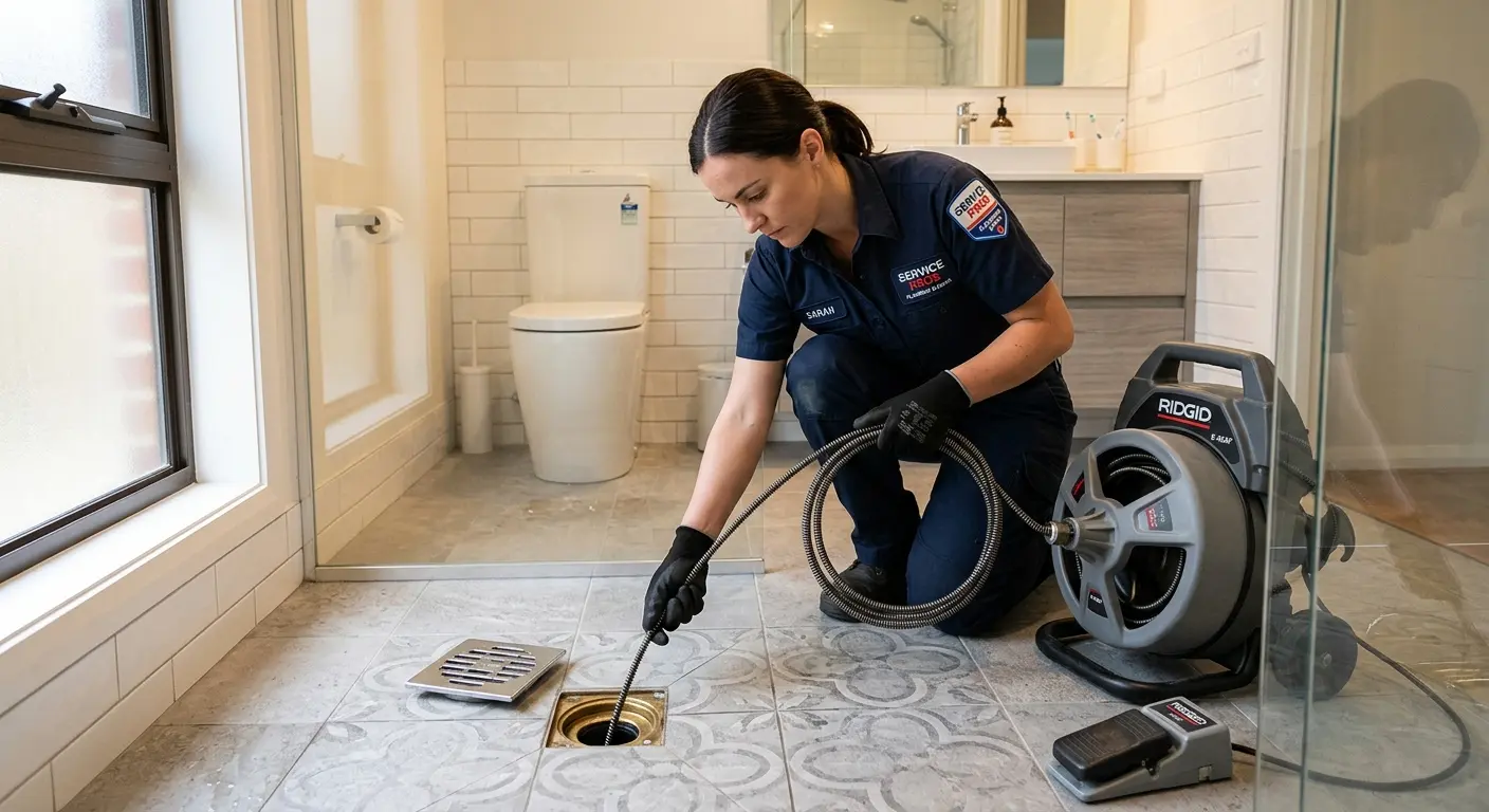 Technician clearing a bathroom floor drain for Drain Cleaning in Gautier